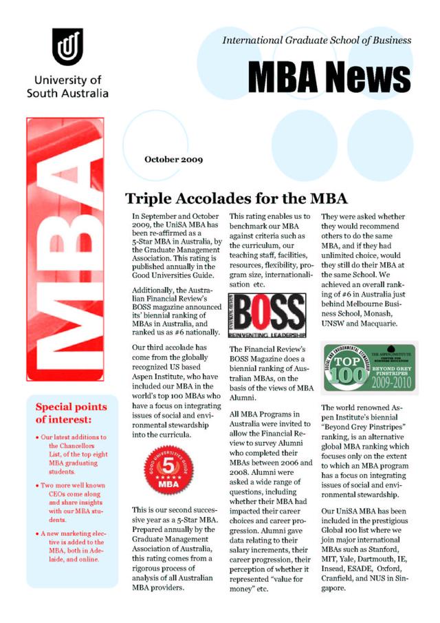 UniSA MBA stays top in Australia and moves up to World's Top 100